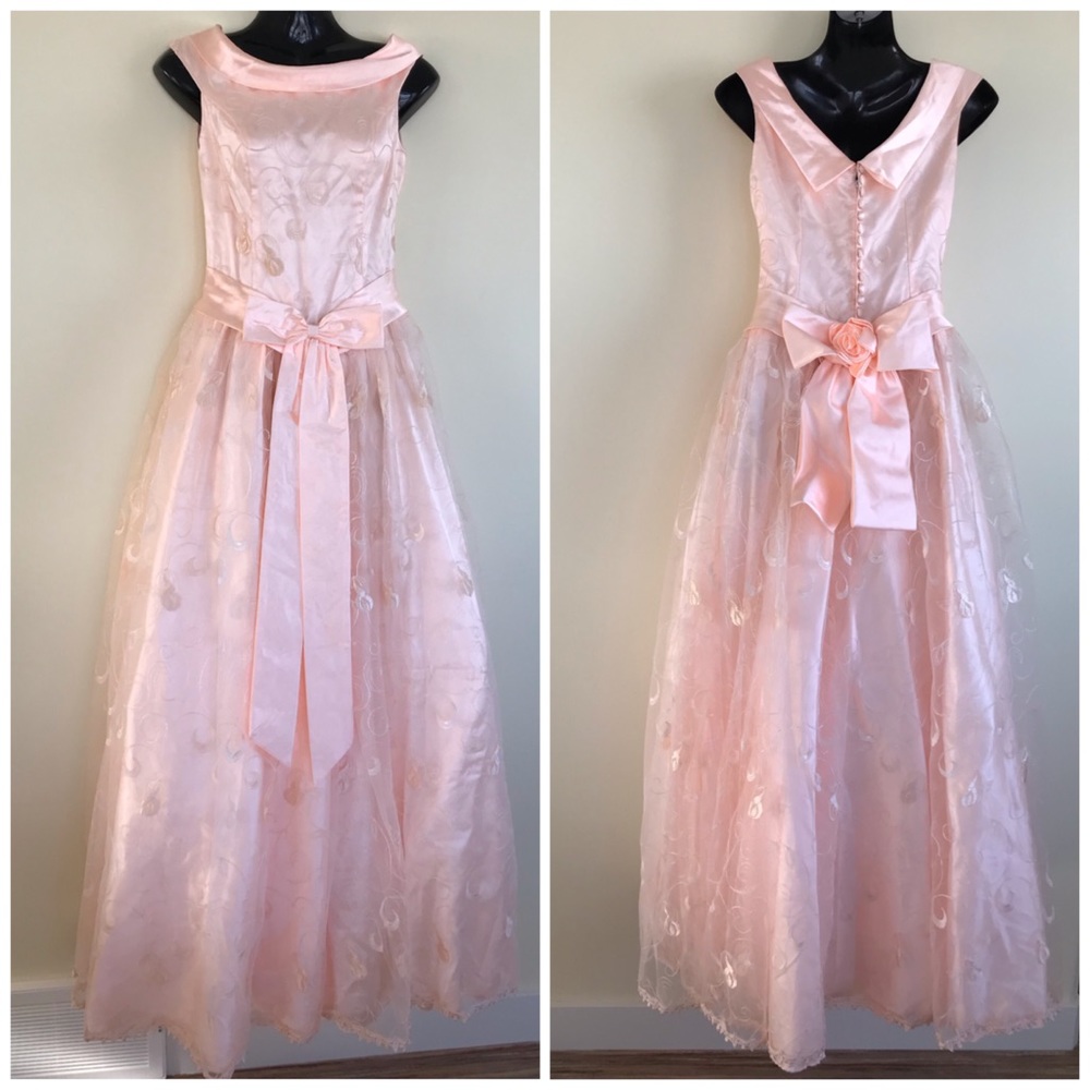 Pastel Pink Satin & Embroidered Tulle Prom Dress Princess Formal Ballgown